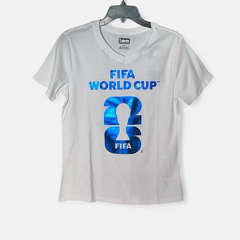 World Cup FIFA White Blue NWT Official Logo V-Neck Graphic T-Shirt – Size L